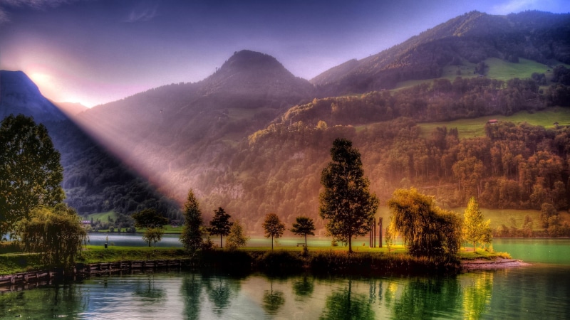2K, mountain, 3d and abstract, light, body, near, enlightening, water, shine, sunlight, beautiful, green, trees, tonemapped
