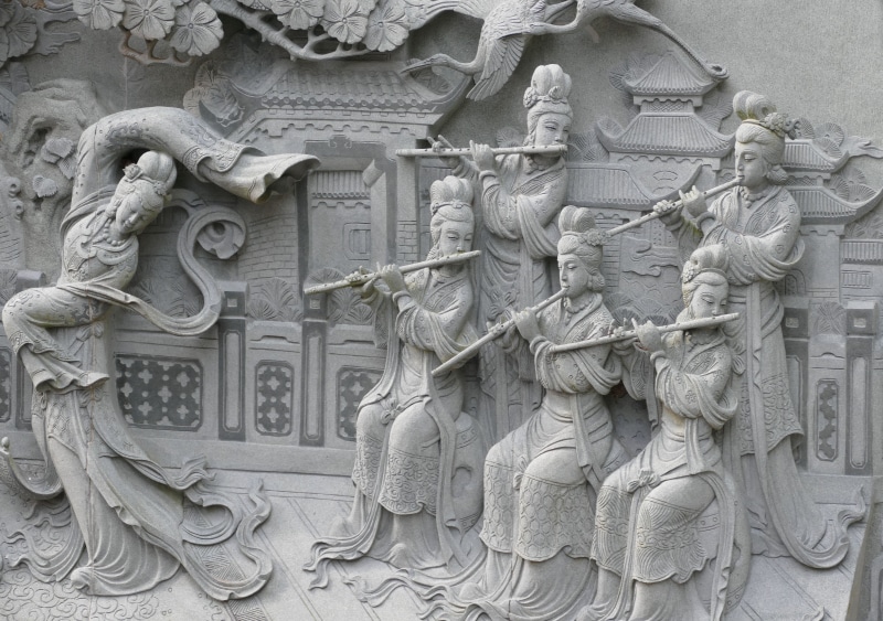 architecture, stone material, day, musician, dance, solid, stone, ornate, China, music, 5K, Temple, Buddhism, carving - craft product, representation