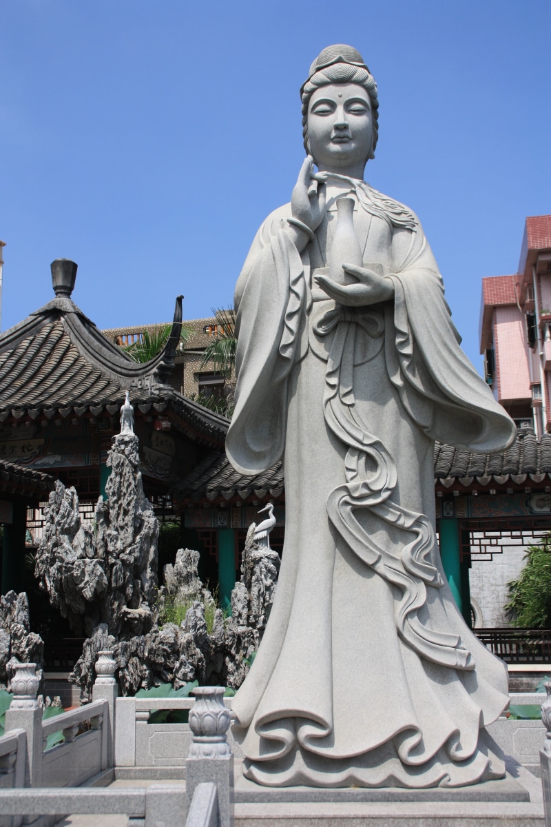 stone, sky, belief, no people, craft, nature, 4K, guanyin, female likeness, sculpture, place of worship, plant, temple, representation, built structure