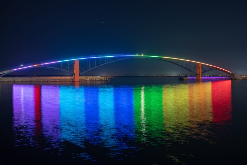 sea, xiying rainbow bridge, connection, architecture, taiwan, sky, illuminated, building exterior, blue, penghu guanyin temple, bridge - man made structure