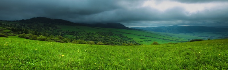 tranquility, land, green color, mountain, landscape, panoramic, environment, agriculture, tranquil scene, sky, rolling landscape, field, cloud - sky, crop