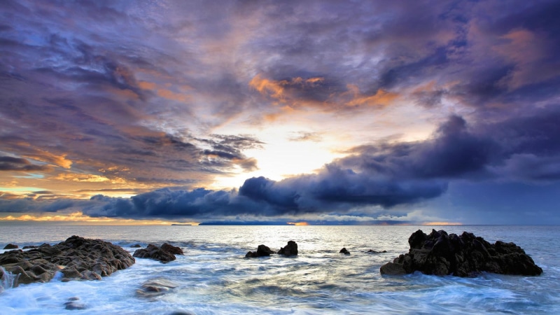 coast, sunset, 3d and abstract, skies, rocks, nature, beautiful, purple, 1080P, blue, ocean, waves, scenery, water, beach, sunrise