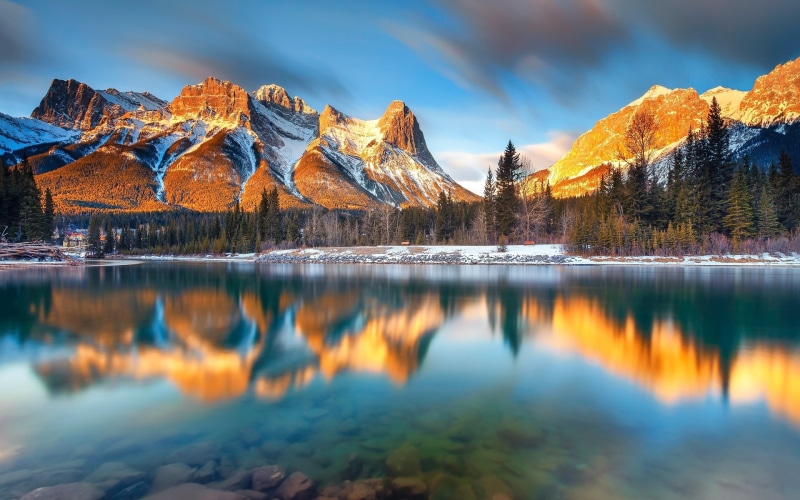 Morning, Mountains, 1080P, Canmore, Trees, near, Lake, Alberta, Canada