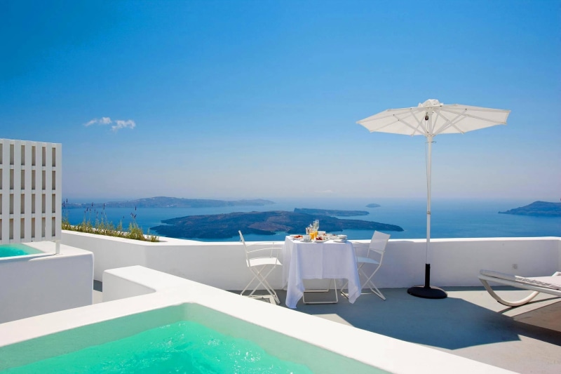 greece, set, blue, paradise, 1080P, piece, view, patio, white, beautiful, island, jacuzzi, retreat, city, pool, ocean, santorini