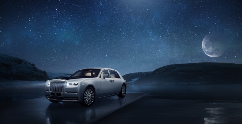 Tranquillity, Rolls-Royce, Phantom, machine, stars, the moon, 4K, the sky