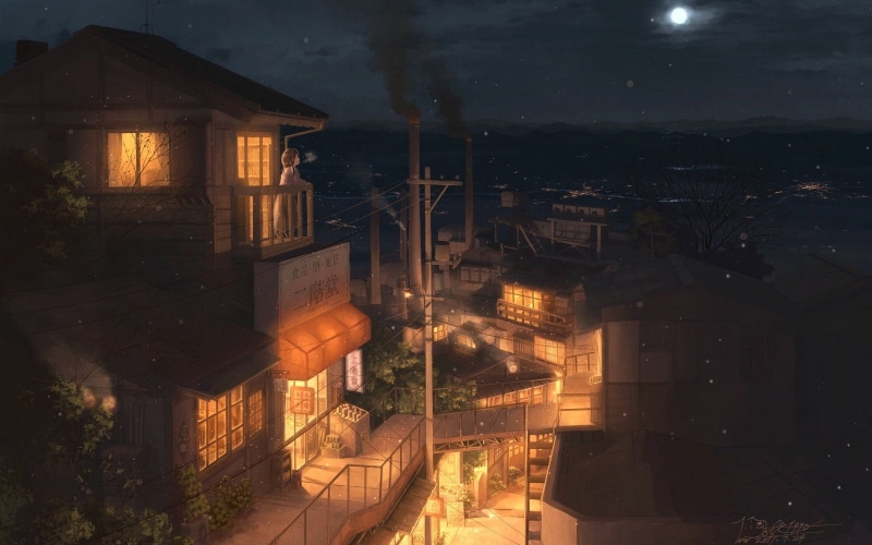 house, outdoors, night, architecture, Moon, anime, building exterior, high angle view, 720P, city, cityscape, sky, building, industrial city, dusk, lighting equipment