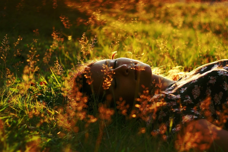yellow, 1080P, bokeh, top, springtime, cap, lying, woman, animal, growth, pink, outdoors, floral, lying Down, plant, face, summer, no people, green Color