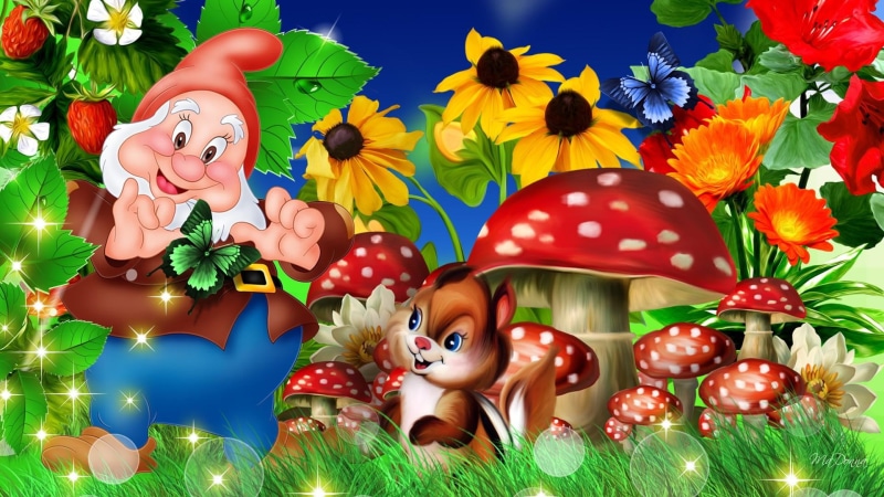 mushrooms, flowers, toadstools, s garden, friends, garden, 1080P, bright, whimsical, strawberries, gnome, cute, spring
