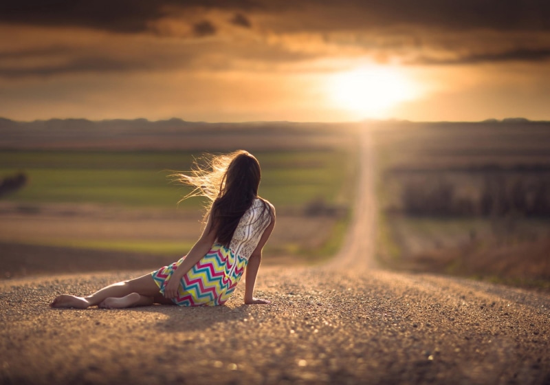 1080P, long hair, lifestyles, brunette, sunset, sky, Nebraska, women outdoors, hair, lens flare, road, beauty in nature, barefoot, full length, adult