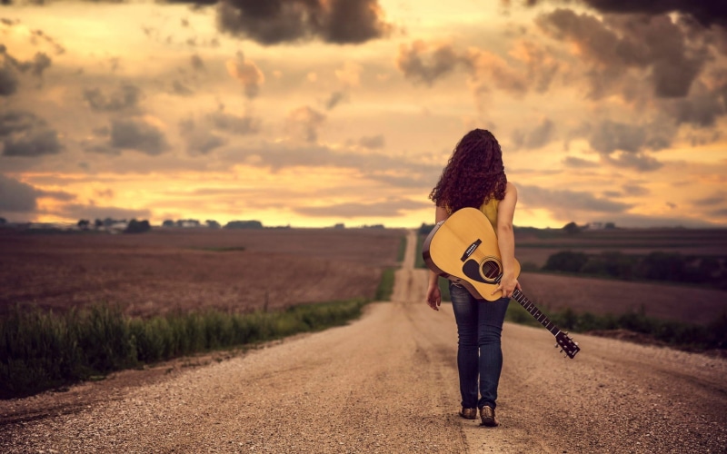 women outdoors, road, musical instrument, jeans, guitar, Jake Olson, clouds, curly hair, Nebraska, 1080P