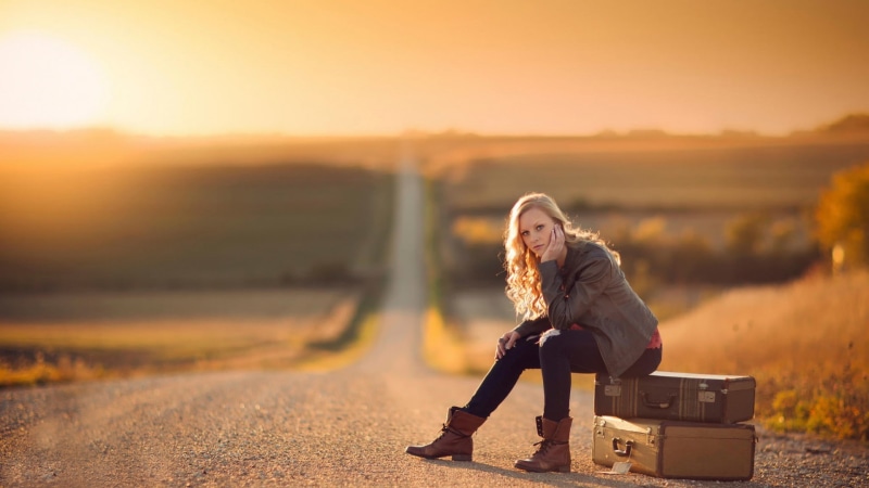 suitcase, sitting, Jake Olson, curly hair, 1080P, blonde, sunset, road, women, Nebraska, women outdoors, jacket