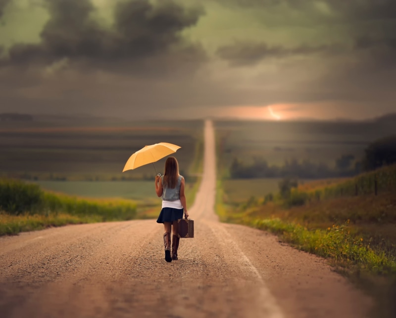 nature, blue skirt, Jake Olson, Nebraska, boots, 1080P, brunette, women outdoors, women, Yellow Umbrella, road, suitcase, skirt, clouds, umbrella, model