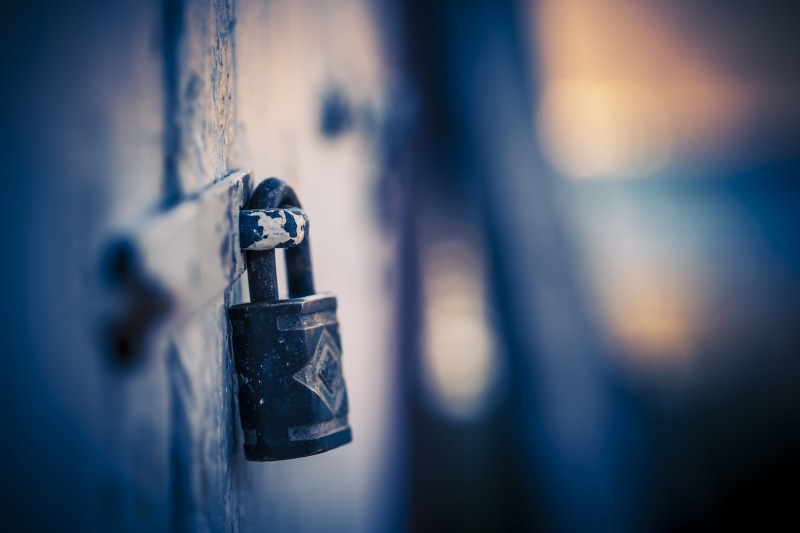bokeh, security, focus on foreground, latch, blurred background, wood - material, 5K, no people, lock, hanging, architecture, black, steel, metal, emotion