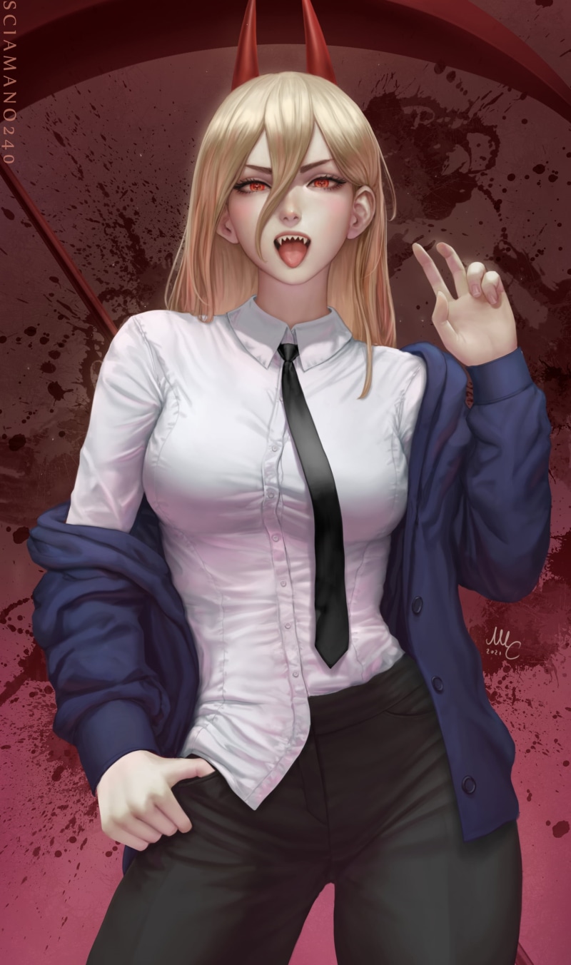 2K, horns, looking at viewer, fan art, tongue out, fantasy girl, anime, Chainsaw Man, drawing, Mirco Cabbia, anime girls, tie, shirt, artwork, long hair