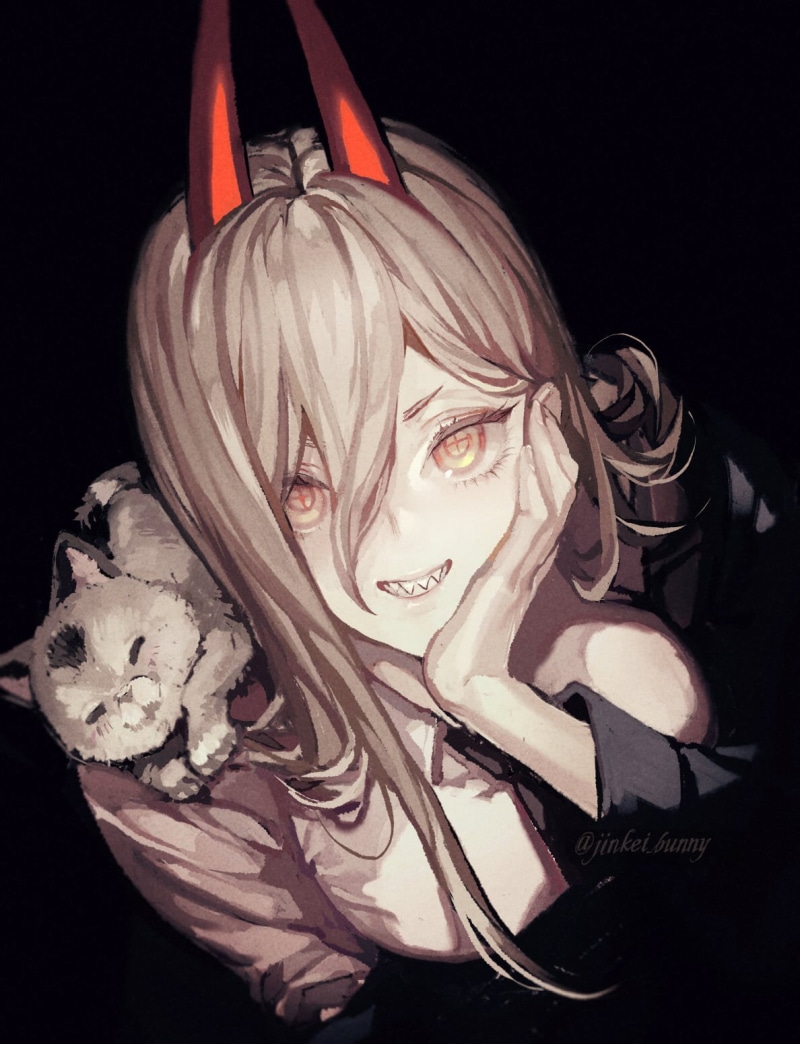 horns, vertical, simple background, JINKEI, 720P, anime girls, cats, Chainsaw Man, anime, Power (Chainsaw Man)