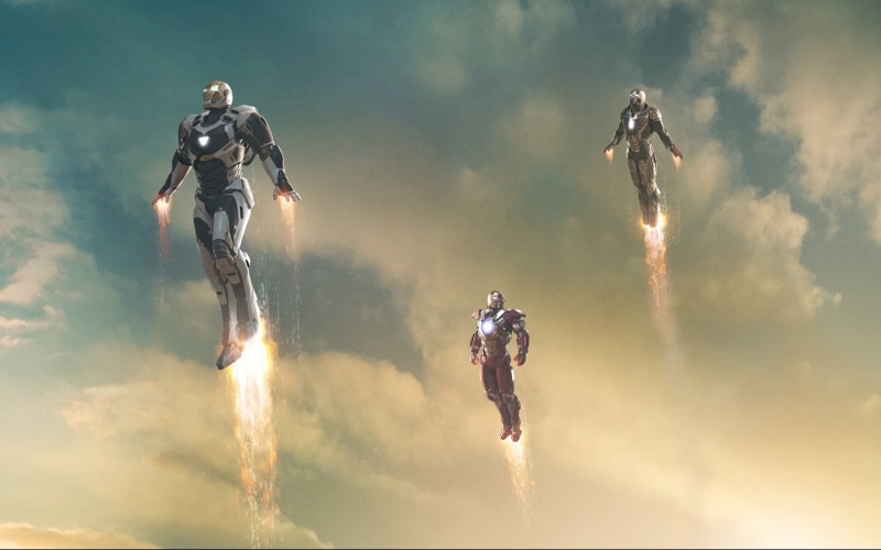 sport, group of people, mid-air, outdoors, full length, sky, three, flying, men, cooperation, 1080P, Iron Man, iron, smoke - physical structure, real people
