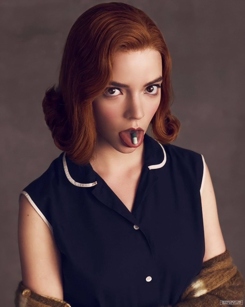 women, TV Series, Anya Taylor-Joy, The Queens Gambit, tongue out, pills, redhead, 720P, actress, short hair, simple background