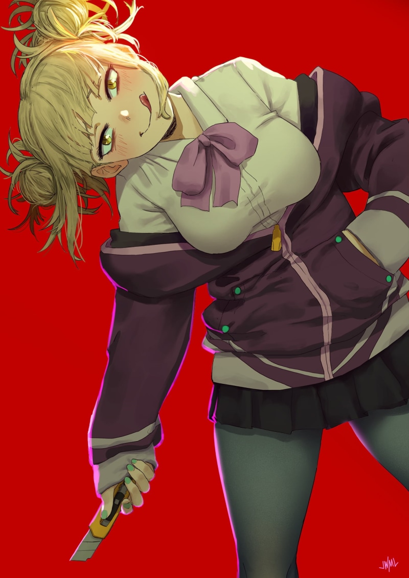 digital art, blond hair, anime girls, 1080P, school uniform, Himiko Toga, Boku no Hero Academia, tongue out, orange eyes, simple background, smiling, red background