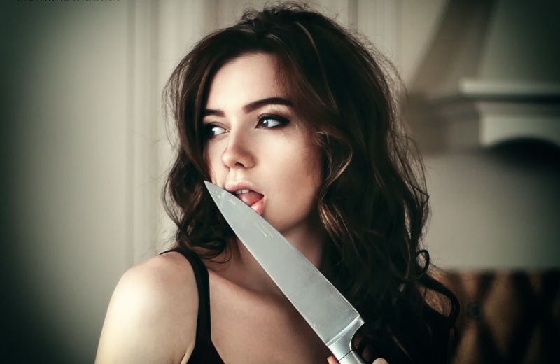 teeth, beautiful woman, young women, tongue, looking at camera, women, girl, knife, indoors, Anastasia Lis, headshot, young adult, hairstyle, kitchen, adult