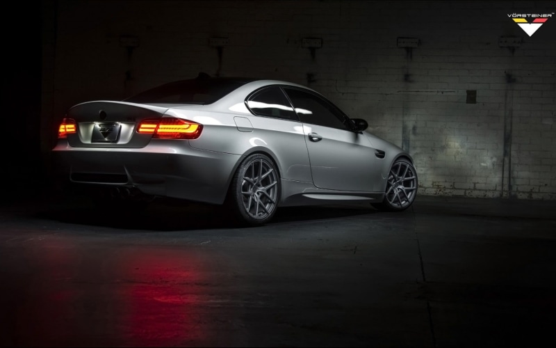 sports car, lighting equipment, garage, street, BMW M3 , black color, stationary, 1080P, car, motor vehicle, city, Vorsteiner, mode of transportation