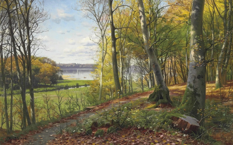 Danish realist painter, Forest path, A Woodland Path, Peter Merk Of Menstad, 1898, 2K, Peder Mørk Mønsted, Danish painter