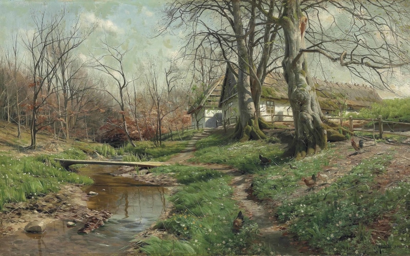 Farmstead by a river, 2K, Danish realist painter, HOMESTEAD by the river, Danish painter, 1904, Peter Merk Of Menstad, Peder Mørk Mønsted