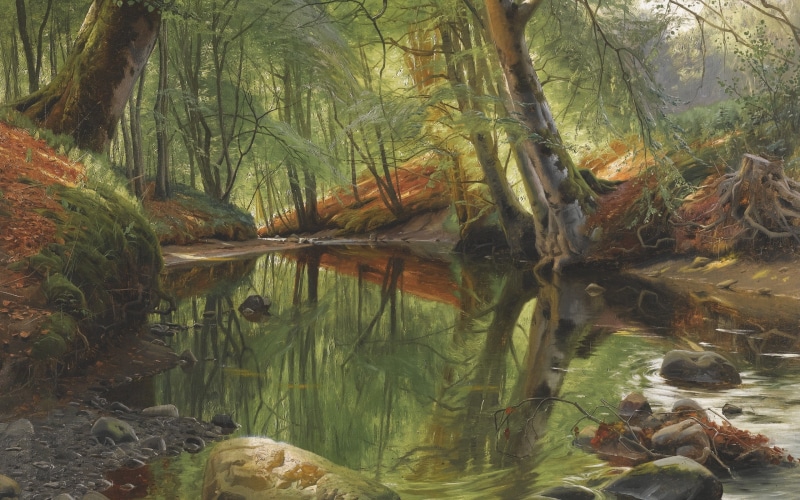 A woodland stream, 2K, Peter Merk Of Menstad, Danish realist painter, Forest stream, Danish painter, 1895, Peder Mørk Mønsted