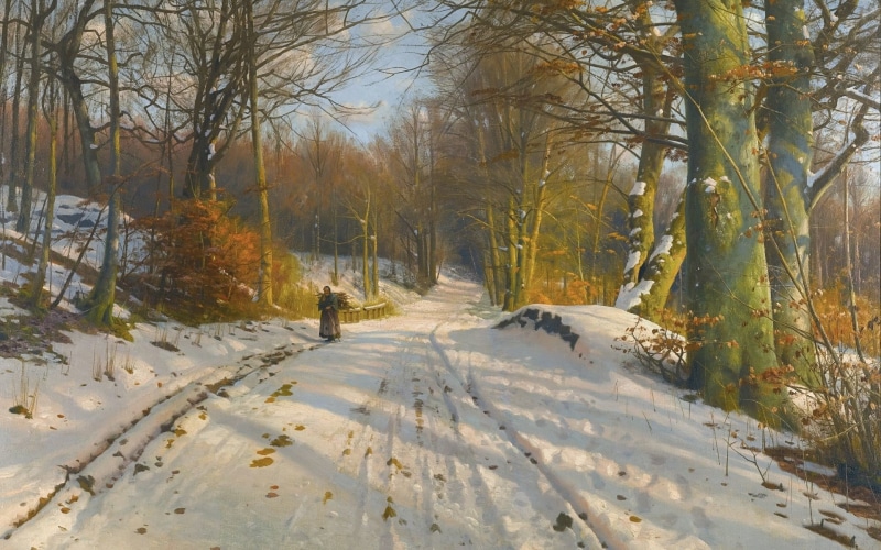 Peder Mørk Mønsted, Winter landscape, Danish realist painter, Peter Merk Of Menstad, 1080P, Danish painter, 1917