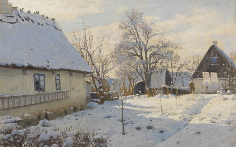 Peder Mørk Mønsted, 1923, Winter in Brøndbyvester, 4K, Peter Merk Of Menstad, Danish painter, Winter in Bröndbyvester, Danish realist painter