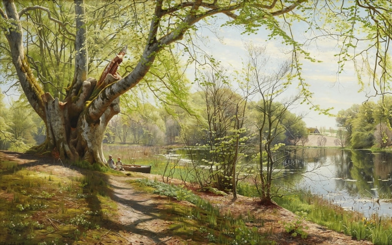 Peder Mørk Mønsted, Green spring landscape with seated children at the stran, 1897, Danish painter, Danish realist painter, Peter Merk Of Menstad, Green spring landscape with children by a river