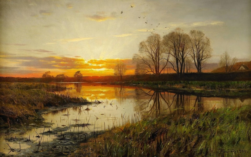 water, cloud - sky, Peder Mørk Mønsted, tree, field, idyllic, Sunset over the Water, scenics - nature, tranquility, brown, grass, picture, reflection, tranquil scene