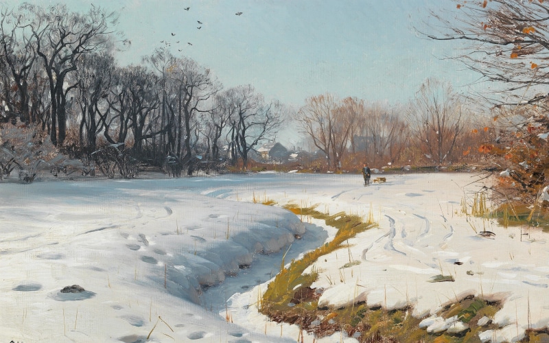 Danish painter, Peder Mørk Mønsted, Danish realist painter, A Sunny winter day, Peter Merk Of Menstad, 1902, Sunny winter day, 4K