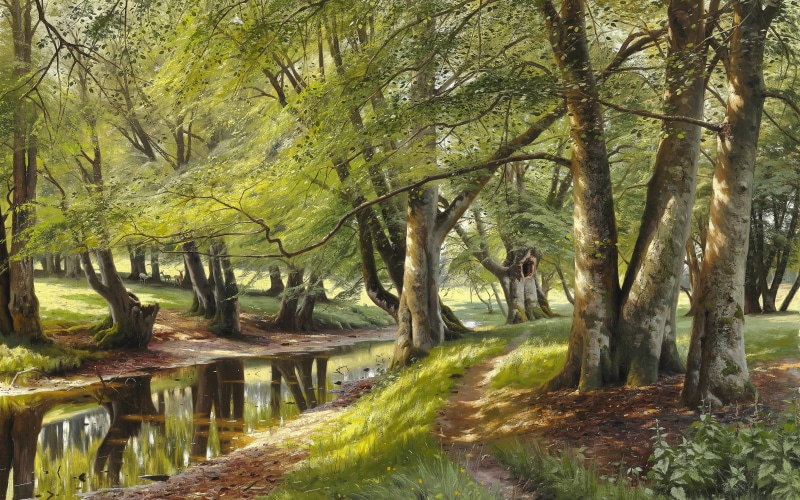 oil on canvas, Peter Merk Of Menstad, Danish realist painter, A Summer Day in the Forest with Deers, 5K, Summer day in the woods with deer, Danish painter