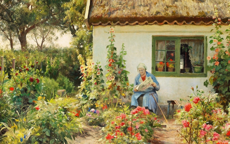 Danish painter, Reading newspaper, 1080P, Peder Mørk Mønsted, Reading the newspaper, Danish realist painter, oil on canvas, 1936, Peter Merk Of Menstad