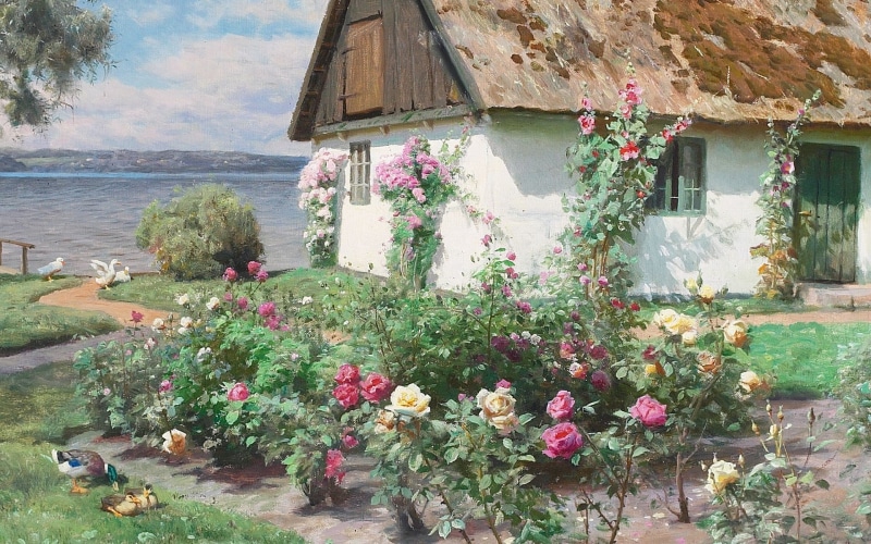 1080P, Sørup Germany, Rose bushes and a cottage by the water, Peder Mørk Mønsted, oil on canvas, Rose bushes and water cottage, Peter Merk Of Menstad