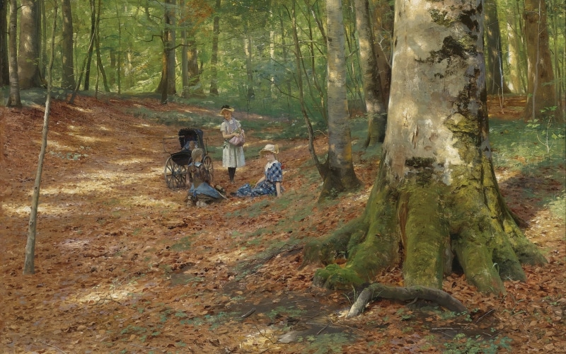 Peder Mørk Mønsted, Danish painter, Forest glade, 2K, 1883, The woodland glade, Peter Merk Of Menstad, Danish realist painter, oil on canvas
