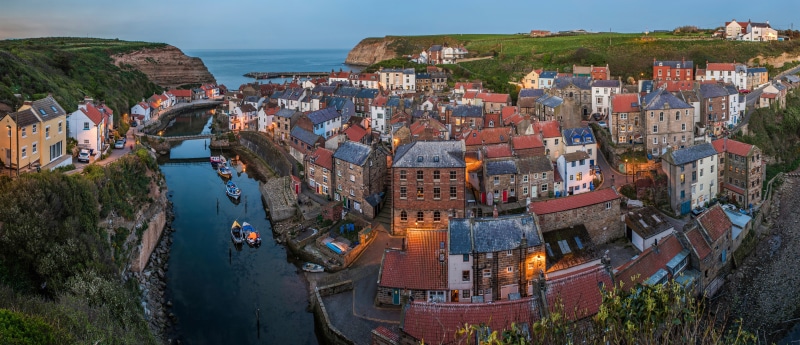 States, North Sea, England, building, 8K, North Yorkshire, village, river, panorama, The River Esk, home, Staithes, sea, coast, River Esk