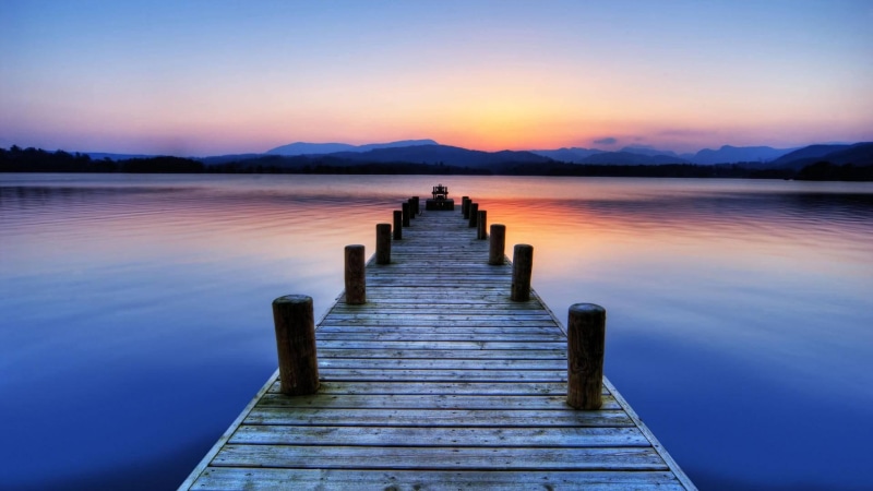 nature and landscapes, windermere, dock, bridge, 1080P, horizon, foot, sunset, lake, engl, wooden, boat, brown
