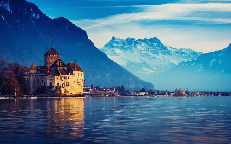 Geneva, Blue, Lake, Mountains, Sky, Switzerland, Water, 1080P, House