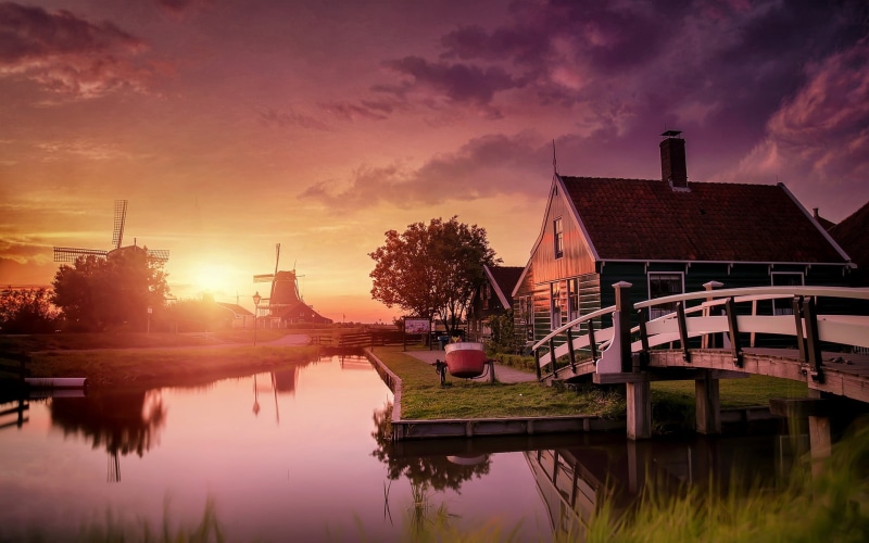 transportation, nature, cloud - sky, nautical vessel, outdoors, clouds, built structure, plant, house, Netherlands, canal, landscape, sunset, sky, illustration