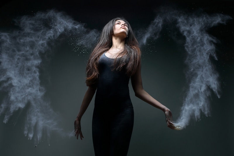 angel wings, model, long hair, Conceptual, black dress, brunette, women, dust, 1080P