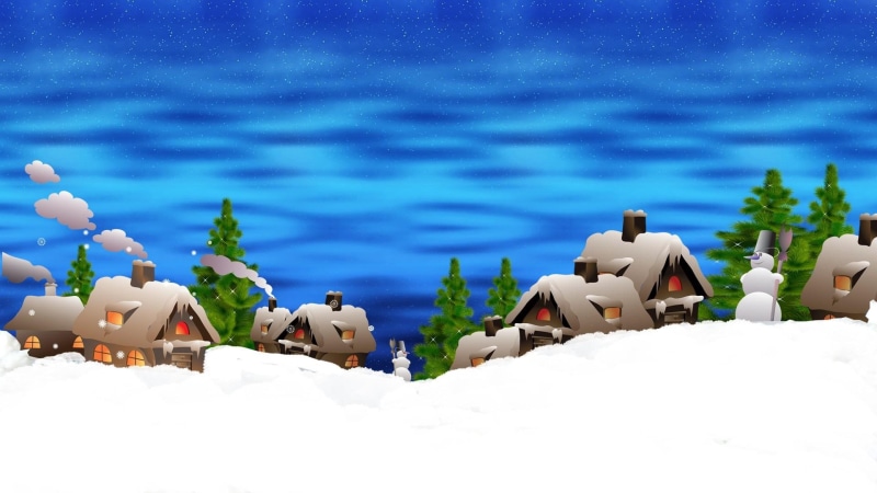 smoke, trees, feliz navidad, stars, chimney, snow, warm, christmas, village, winter, 1080P, cold, snowmen