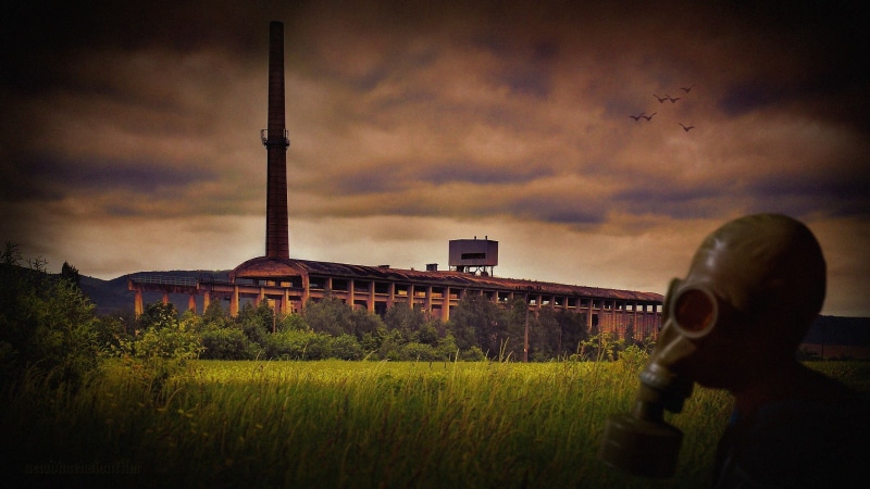 men, bricks, security, clouds, architecture, weapon, government, abandoned, trees, conflict, cloud - sky, built structure, sky, respirator, fighting, no people