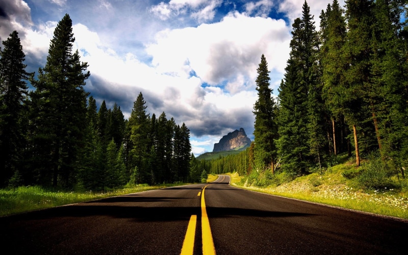 landscape, transportation, diminishing perspective, load, mountain, sky, scenics - nature, trees, plant, sign, marking, nature, non-urban scene, dividing line