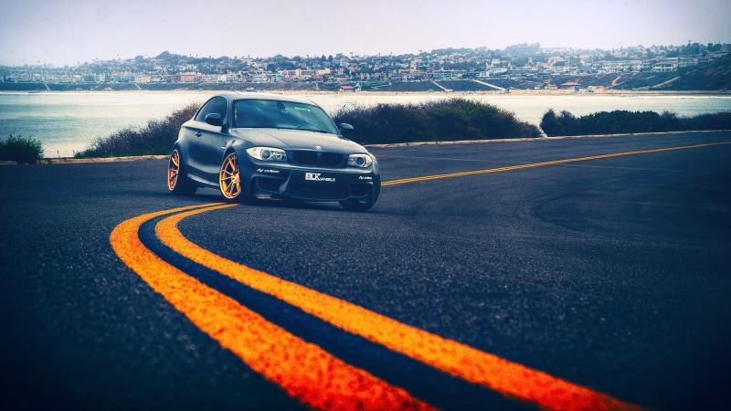 asphalt, nature, coupe, marking, mode of transportation, black, 1080P, on the move, motor vehicle, car, land vehicle, street, road, double yellow line