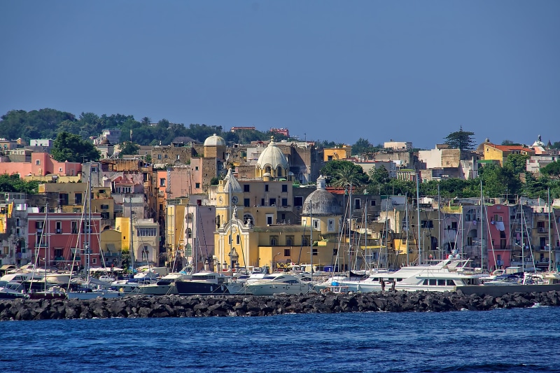 travel, coast, sea, built structure, nature, chirch, dome, tower, house, residential district, clear sky, sailboat, italy, tyrrhenian sea, travel destinations