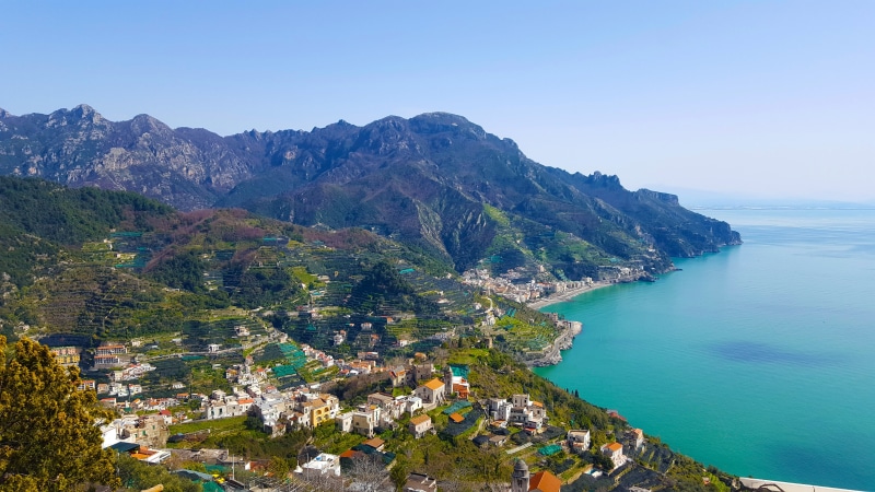 building, mountain range, ravello, salerno, costiera, contemplation, bay, campania, water, sun, cliff, sunset, beauty in nature, city, landscape, scenics - nature