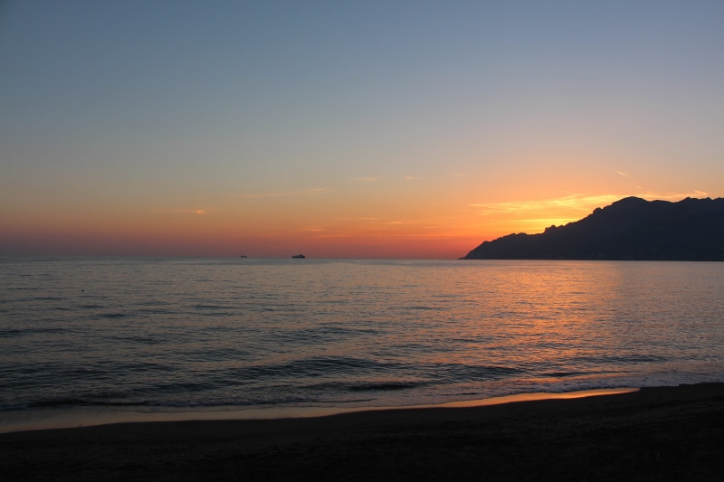 horizon, vietri sul mare, tranquility, amalfi, scenics - nature, sunset, salerno, tyrrhenian, outdoors, sand, mountain, water, sea, orange, no people, non-urban scene