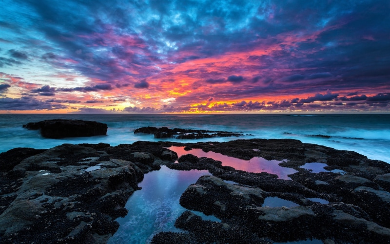Clouds, body, ground, Sunset, Stones, Sea, Coast, water, Sky, 2K, photo