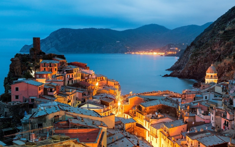 outdoors, architecture, Italy, high angle view, cloud - sky, mountain range, cityscape, sea, travel, 1080P, built structure, illuminated, dusk, building exterior